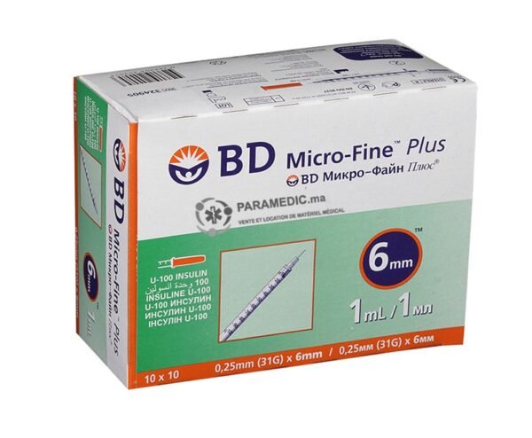 Seringue à insuline 1,0 ml/Aiguille 31 G/6 mm Boîte de 100